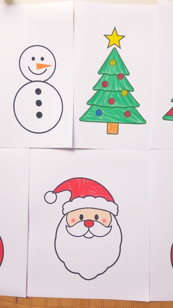 Simple and cute Christmas drawings including a snowman, Christmas tree, and Santa Claus.